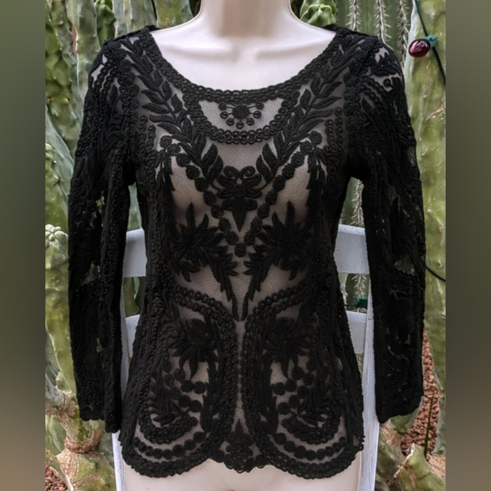 Vintage Y2K Express Black Nylon Mesh Floral Lace Top XS